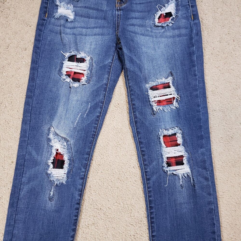 Judy Blue Womens Jeans 7/28 Blue Skinny Plaid Patch Mid Rise Whiskered Capsule - Picture 4 of 11